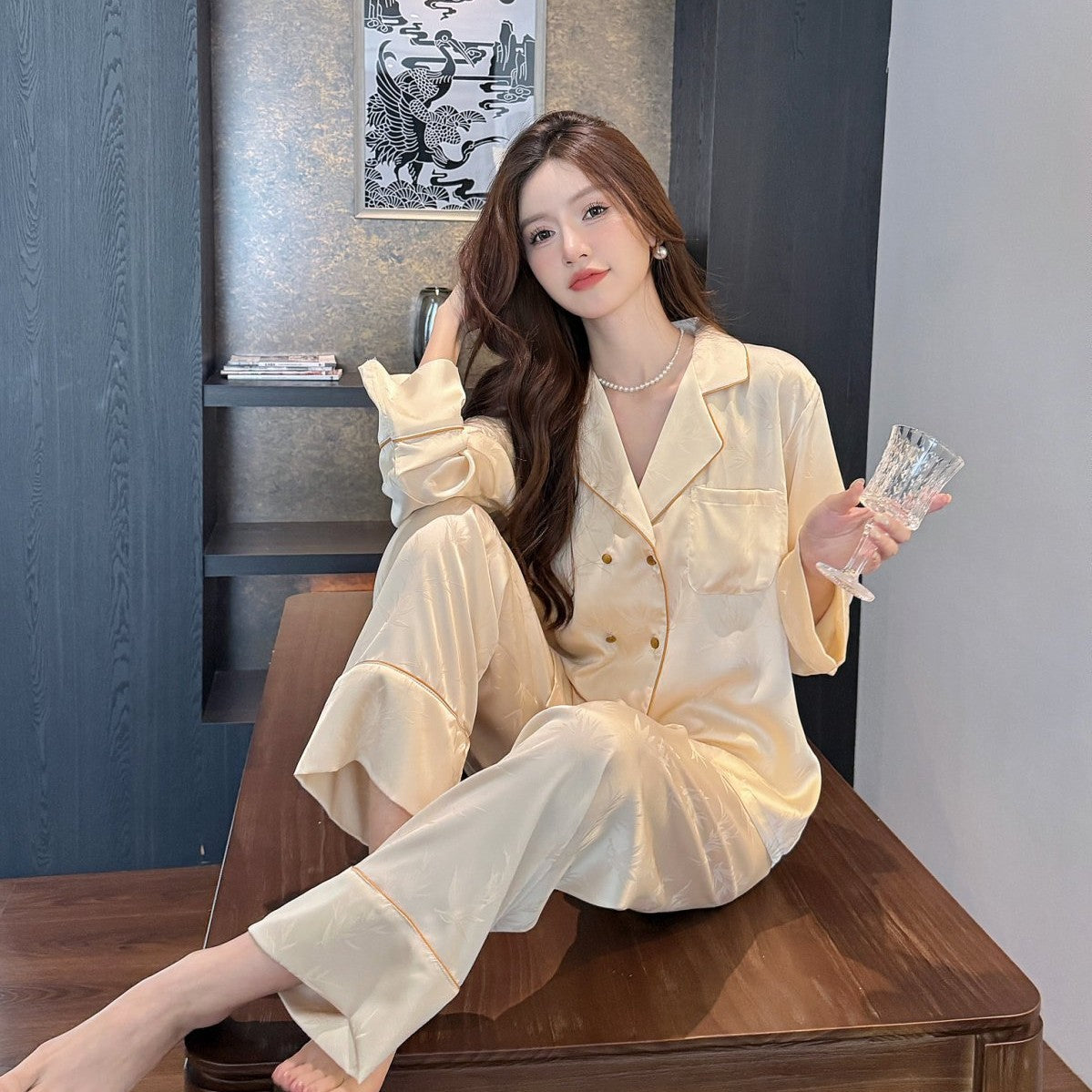 Double Breasted Ice Silk Pajamas Long Sleeve Homewear Suit