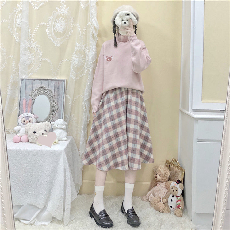 Japanese Woolen Soft Girl Thick Checks Suede All-matching Long Dress