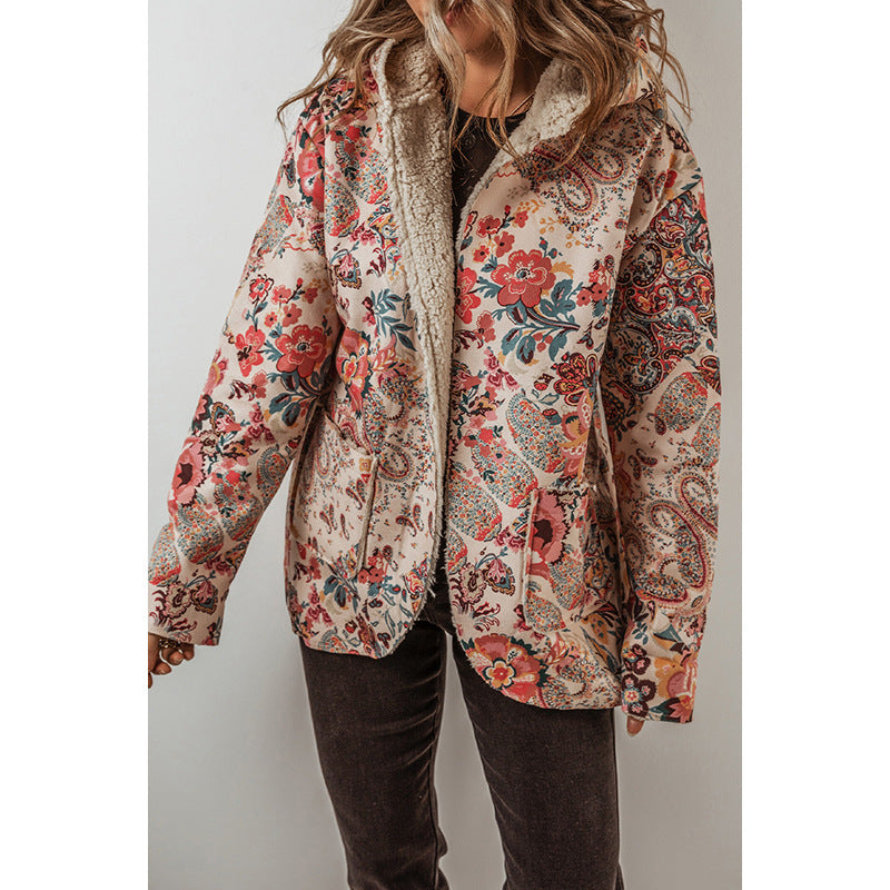 Casual Fleece Printed Long Sleeve Hooded Jacket