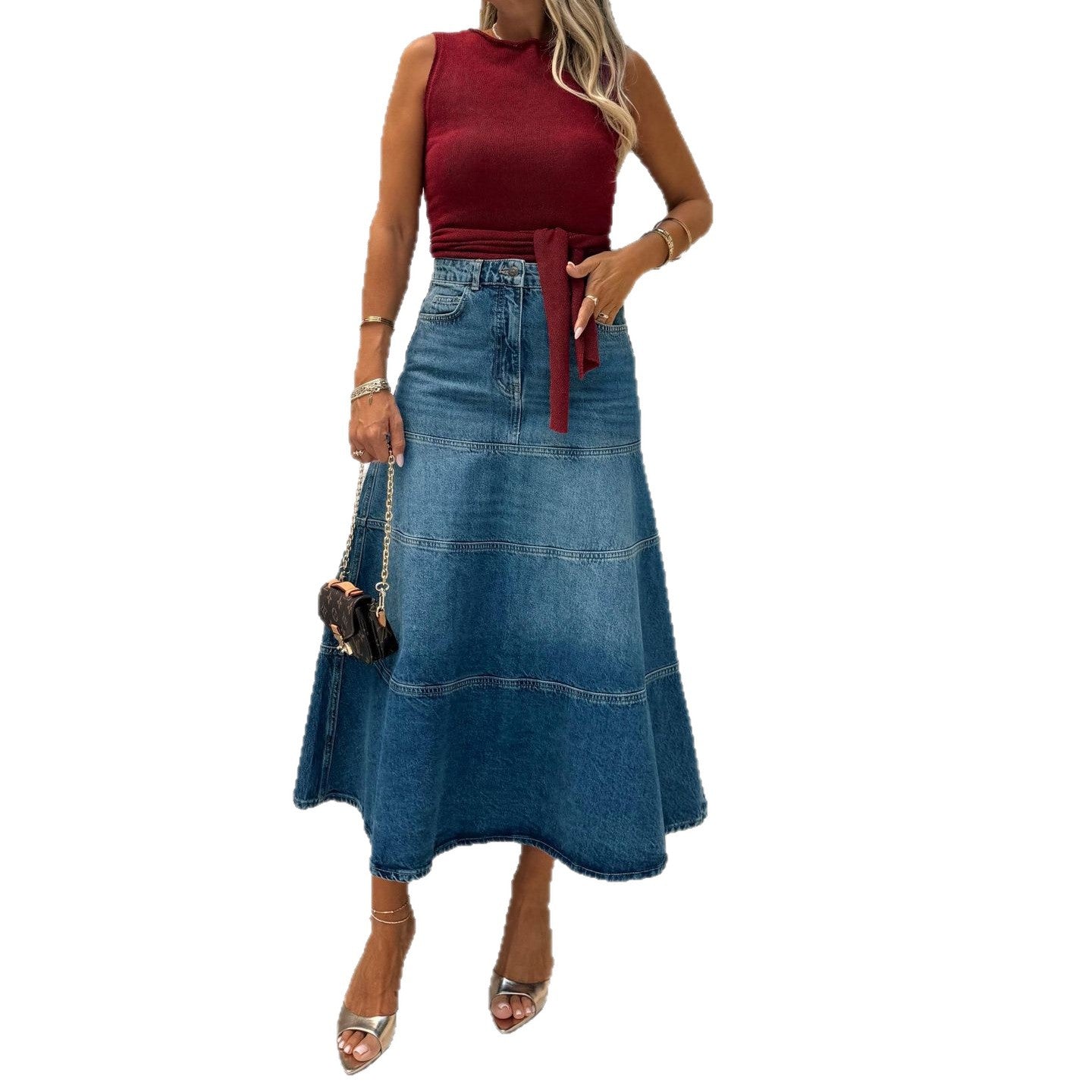 Womens Retro High-Waisted Casual Denim Midi Skirt