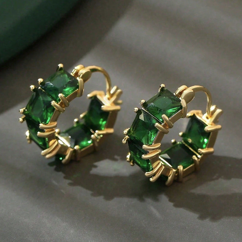 Copper Inlaid Zircon Geometric Round Hoop Earrings Vintage And Elegant Emerald Earrings