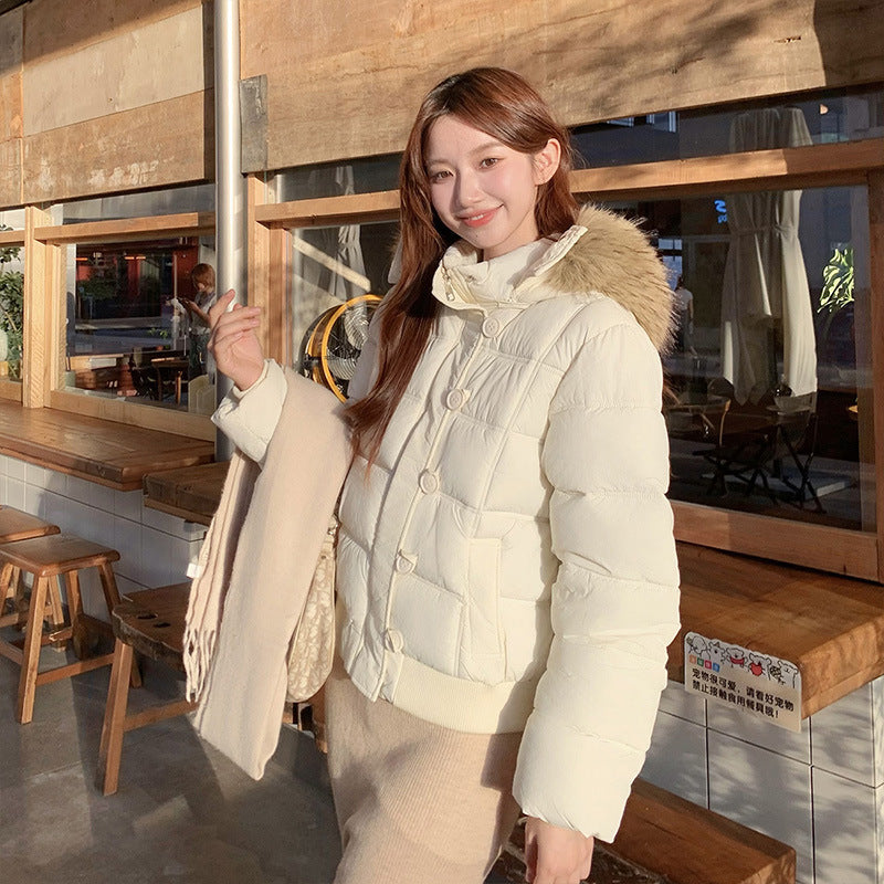 Winter Down Cotton Jacket Women's Short Big Fur Collar Hooded