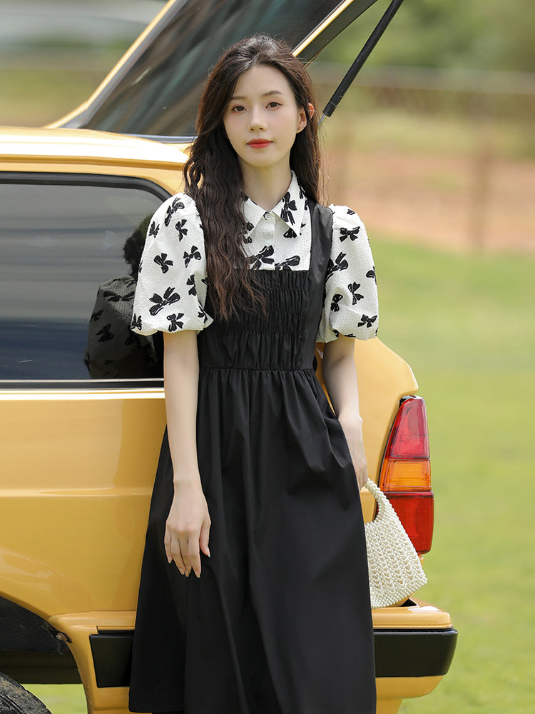 Fake Two-piece Black Puff Sleeve Little Dress Long Skirt Women