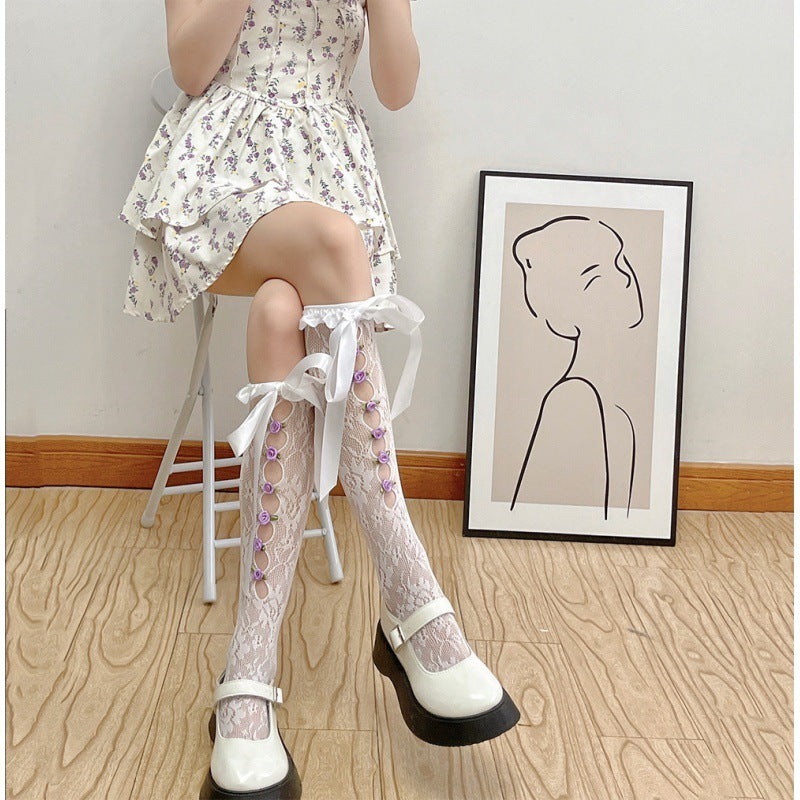 Sweet Girl's Milky White Hollow Lace Satin Ribbon Thigh High Socks