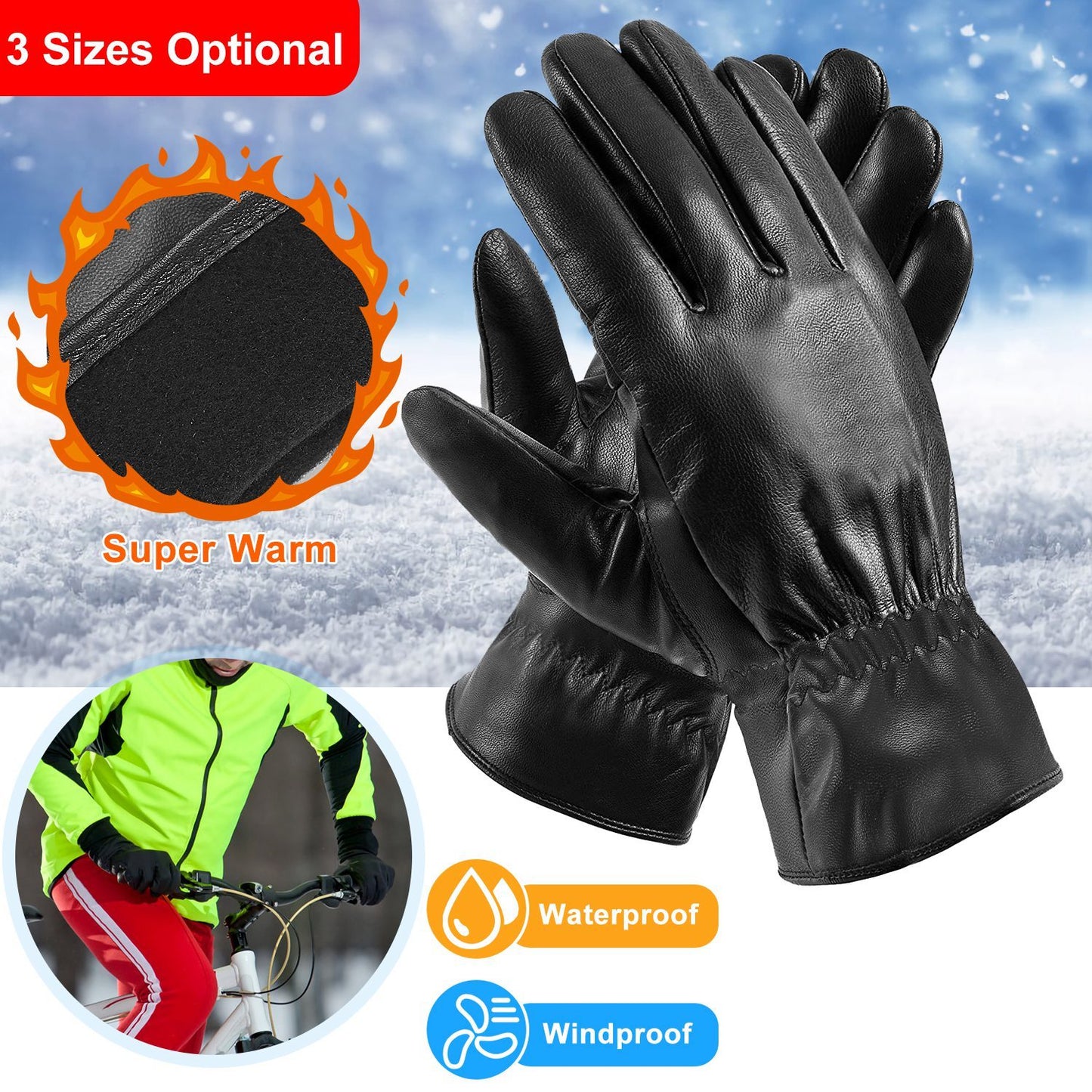 1Pair Unisex Black Leather Gloves Winter Warm Windproof High Quality Soft Gloves Outdoor Cycling Skiing Running Motorbike Gloves