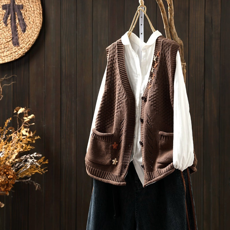 Hand-embroidered Cotton Thread Knitted Sleeveless Vest Cardigan
