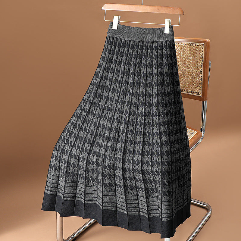Houndstooth Knit Skirt For Women FallWinter High-Waisted