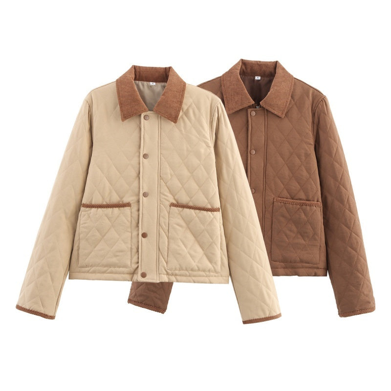 Autumn And Winter Corduroy Lapel Diamond Plaid Short Cotton Jacket All-matching