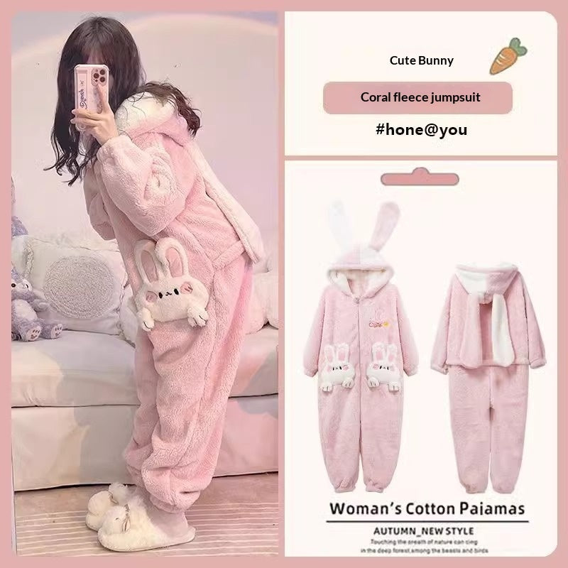 Women's Thickened Coral Fleece Winter Cute Bunny Pajamas
