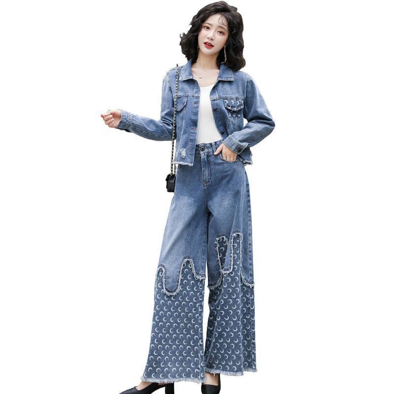 Denim Wide Leg Pants Suit Women Loose Plus Size Fashion Short Coat