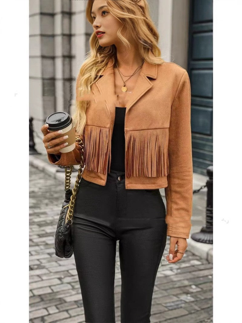 Long Sleeve Locomotive Style Suede Short Tassel Coat