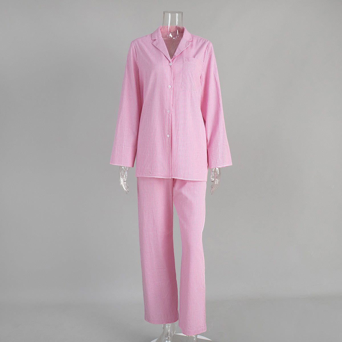 Grid Long Sleeve Long Pants Pajama Set Homewear For Women
