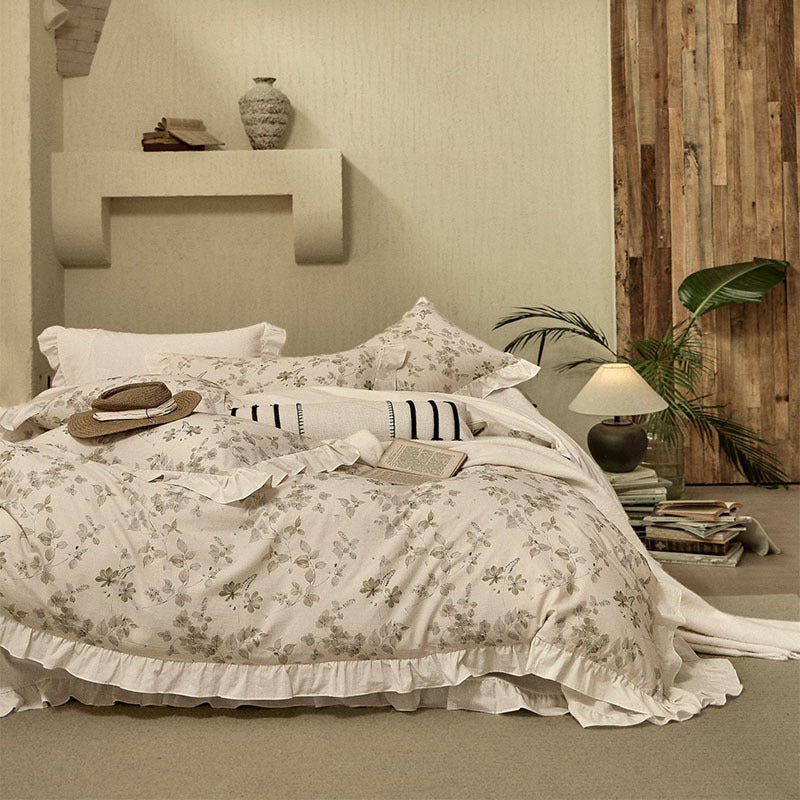 Cotton And Linen Yarn-dyed Printing Single Double Bed Sheets Washed Four-piece Set