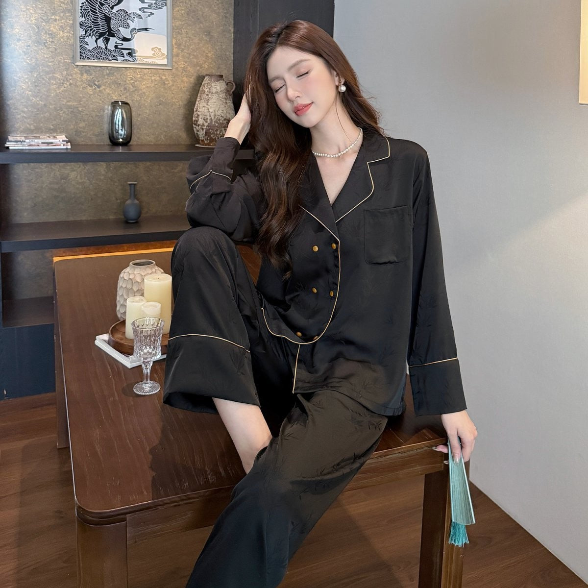 Double Breasted Ice Silk Pajamas Long Sleeve Homewear Suit