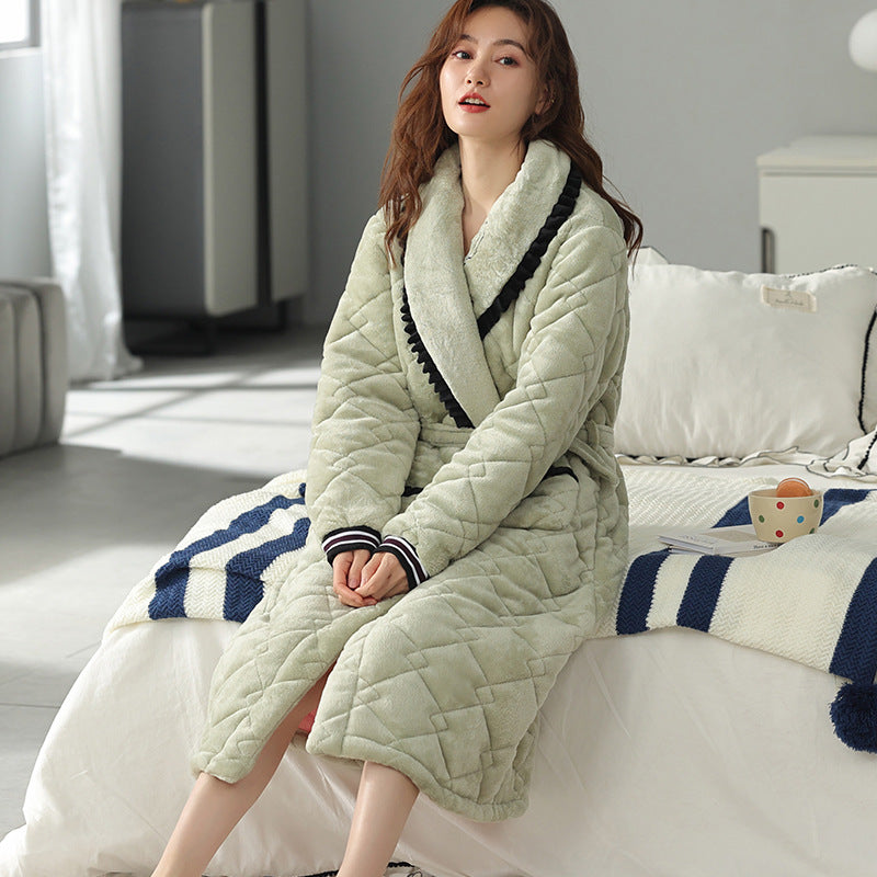 Women's Winter Thickened Mid-length Quilted Coral Fleece Bathrobe Pajamas