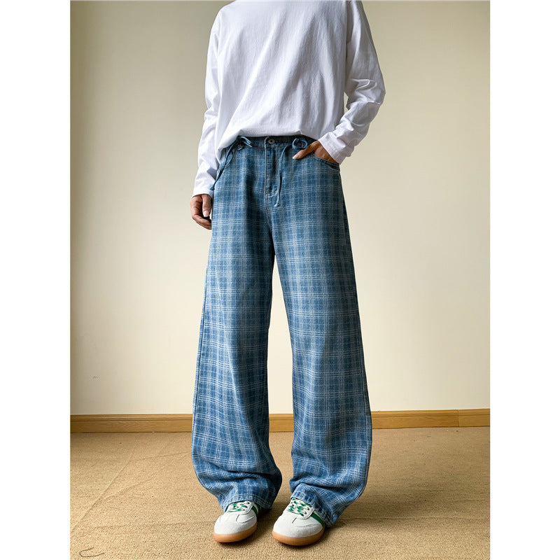 Retro Blue Plaid Wide-leg Skinny Jeans