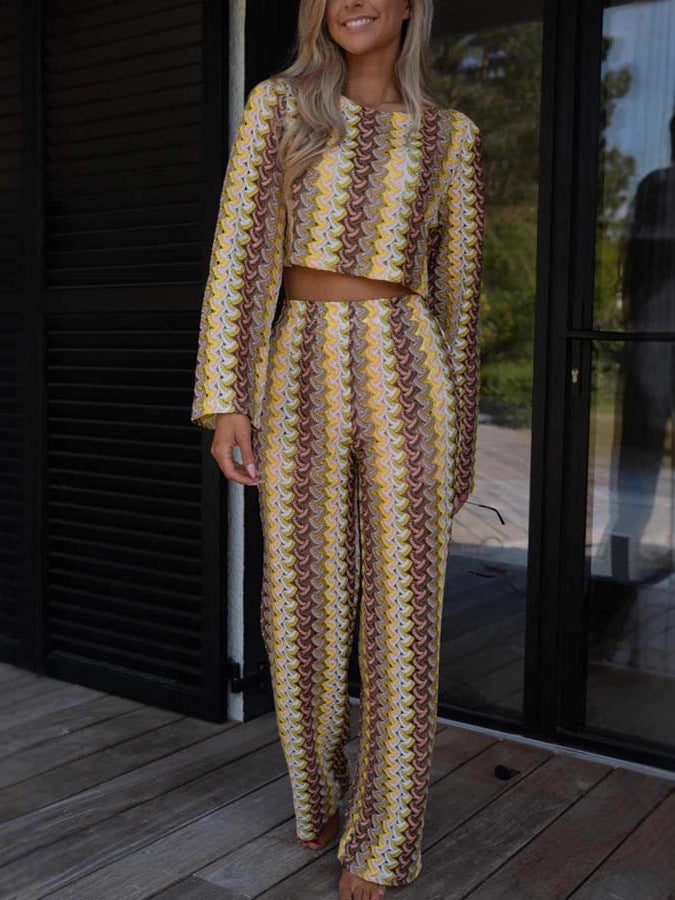 Women's Long-sleeved Trousers Round Neck Crocheted Knitted