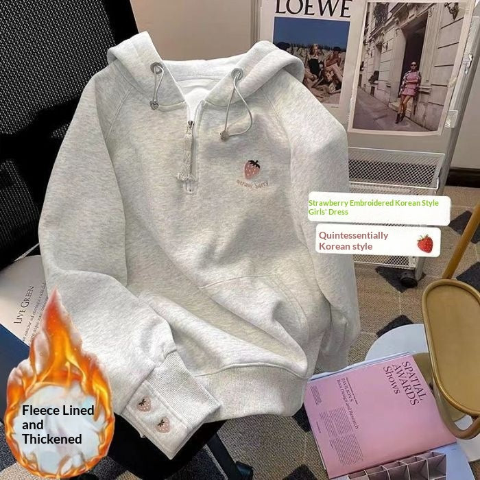 Girls' Pink Strawberry-Embroidered Hoodie New FallWinter Style