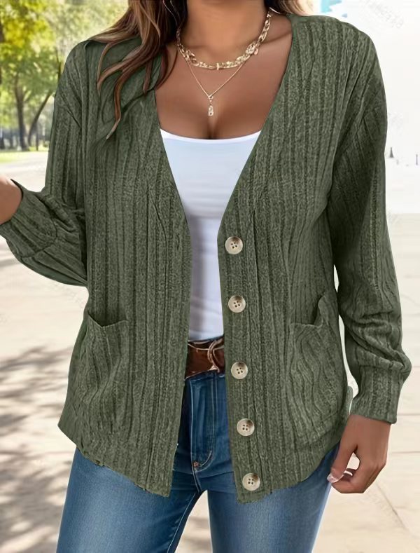 Solid Color Buttons V-neck Loose Long Sleeve Cardigan For Women