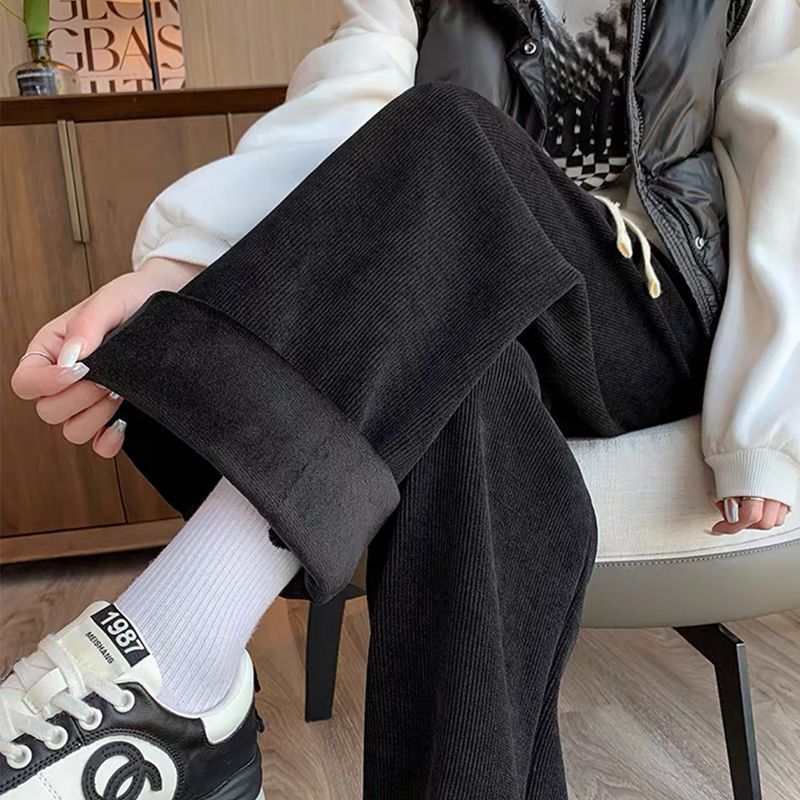 New Corduroy Pants Wide-leg Winter Slim Fit Women's Fleece-lined Thickened Casual Pants