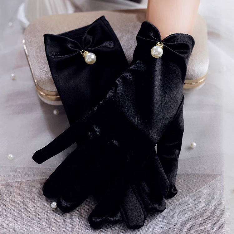 Black Satin Short Pearl Gloves