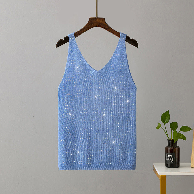 Ice Silk Knitted Bright Thread Diamond-encrusted V-neck Camisole