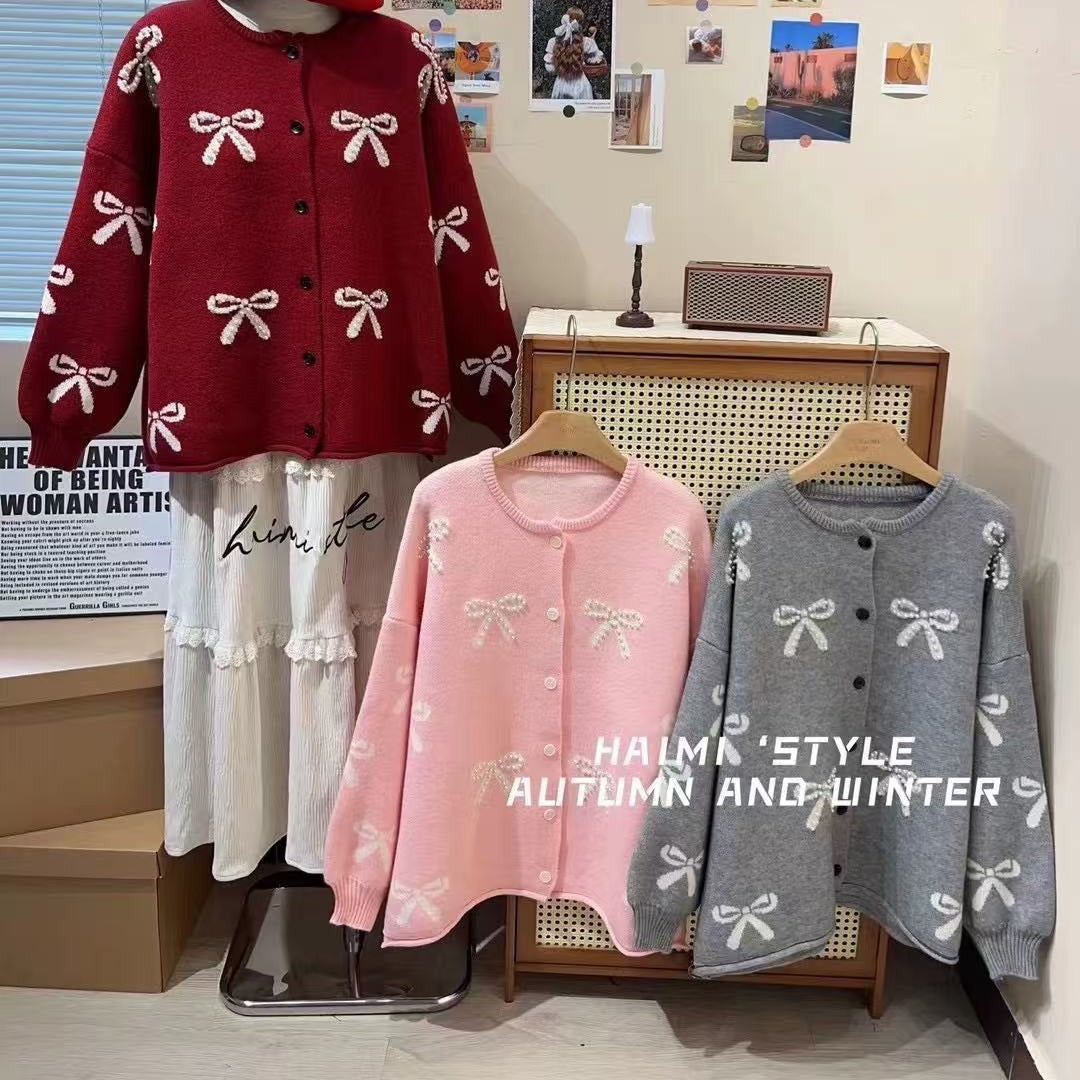 Bow Knit Sweater Coat Women Loose Design Sense Cardigan Top Casual Style