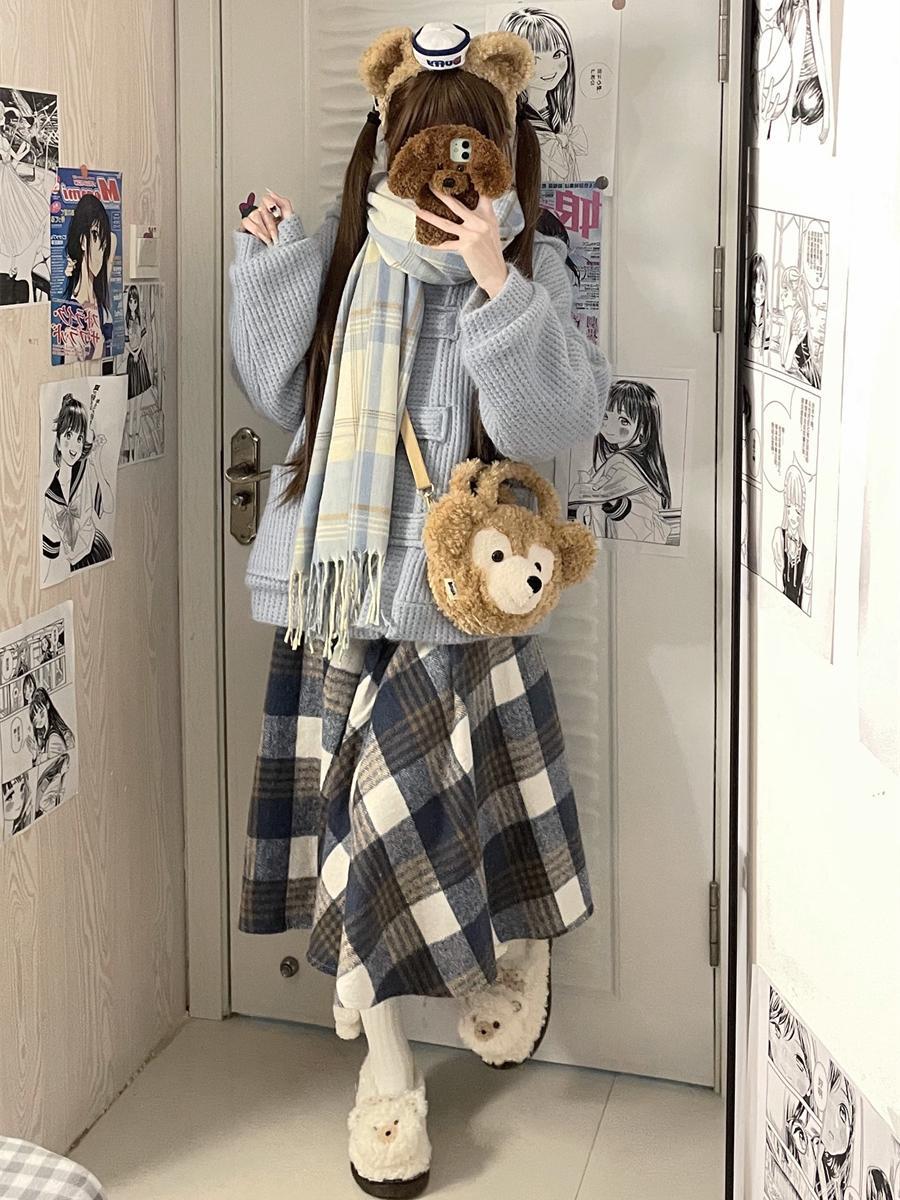 Japanese Woolen Soft Girl Thick Checks Suede All-matching Long Dress