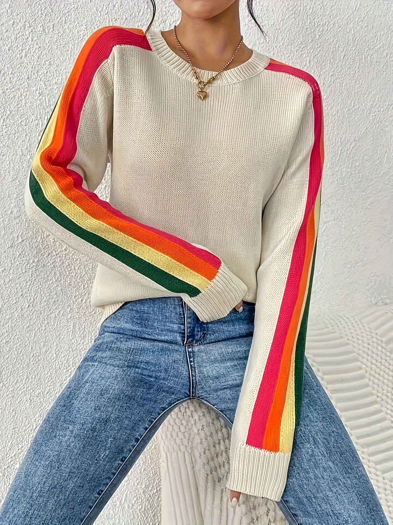 Versatile Round Neck Color-blocked Loose Knit Pullover