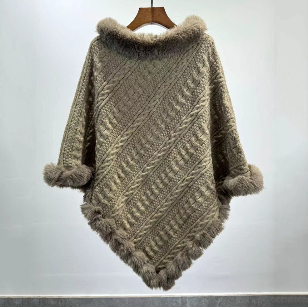 Fur Collar Oversized Knit Pullover Shawl Cloak