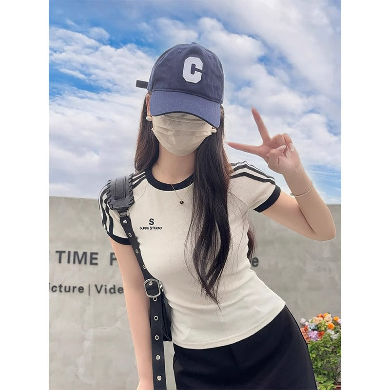 Female Bm Hot Girl Waist Embroidered Crew Neck Short Sleeve T-shirt Top