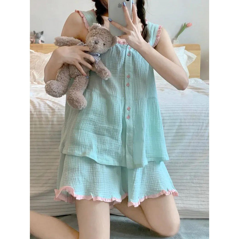 Pajamas Women's Summer New Ruffled Sweet Spaghetti-strap Shorts Loose Casual Good-looking Homewear Suit