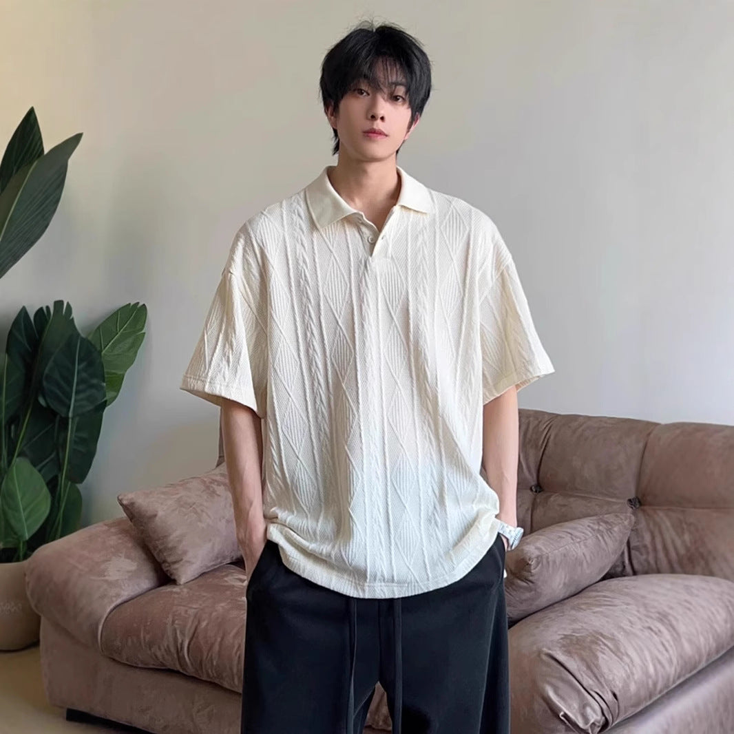 Wheat-ear Pattern Jacquard-knit Short-sleeve Polo Shirt