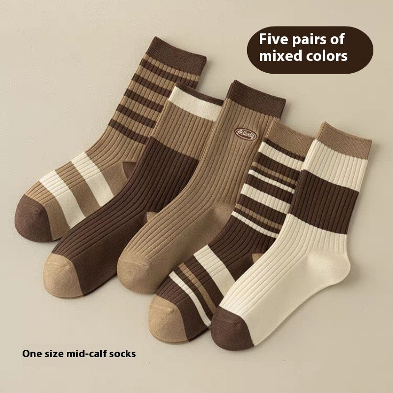 5 Pairs Of Maillard Spring Fashion Women's Mid-calf Socks Thickened Striped