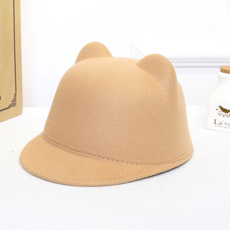 Women's Dome Retro Woolen Peaked Cap Cute Cat Ears Equestrian Hat