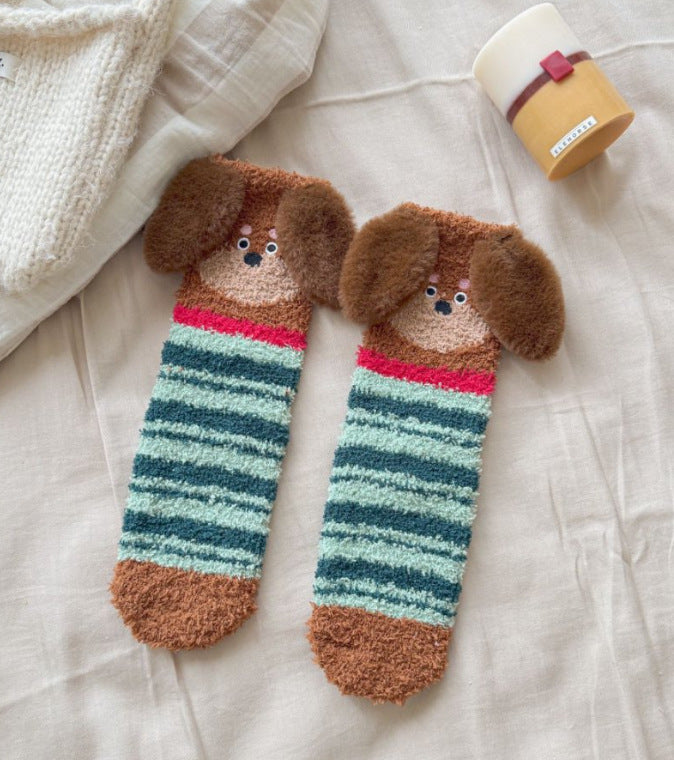 Cartoon Sausage Dog Coral Fleece Tube Socks Home Room Socks