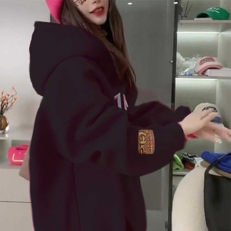 Fashionable Hooded Fleece-lined Loose-fitting Versatile Top