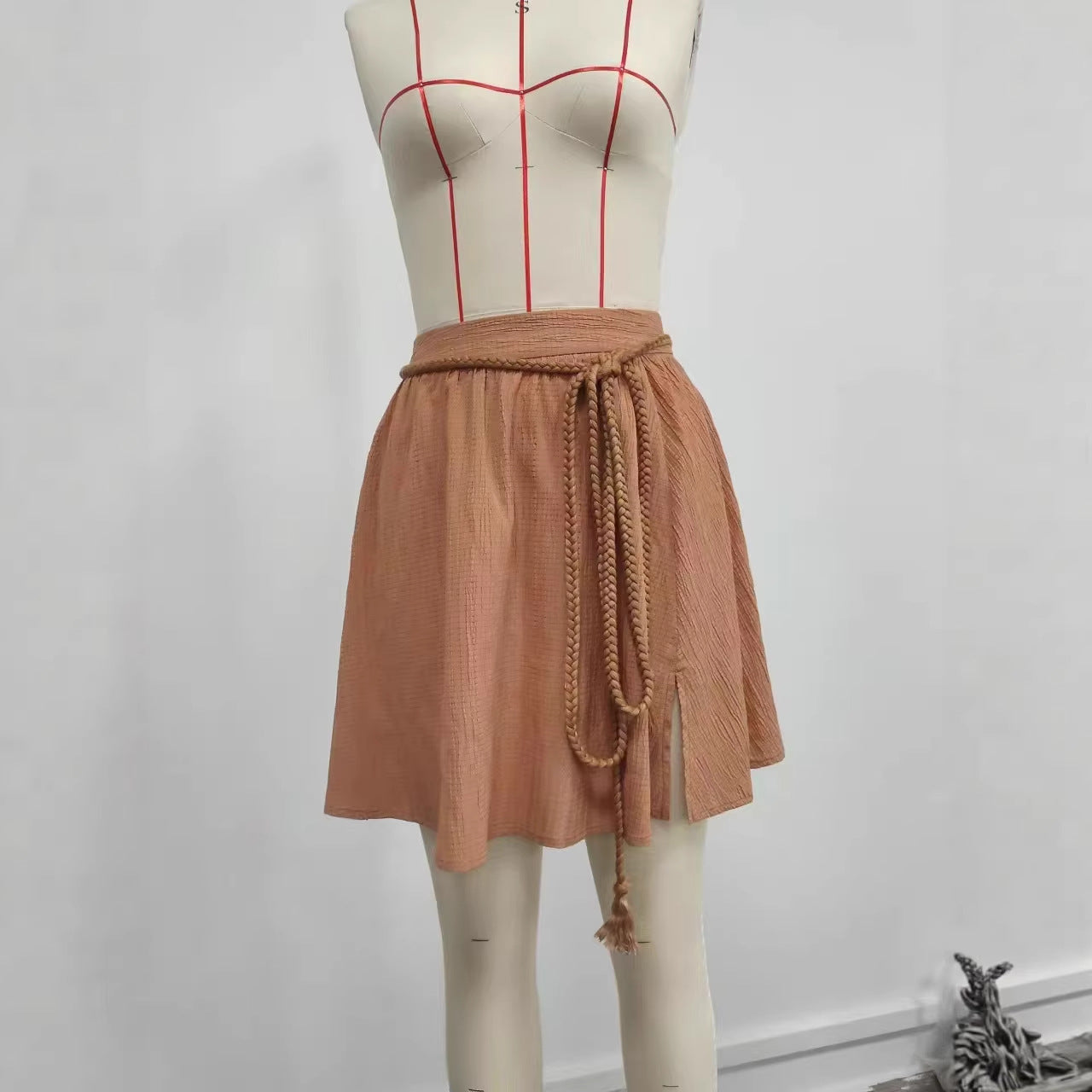 Womens Solid-Color High-Waist Ruched Lace-Up Skirt With Tassels
