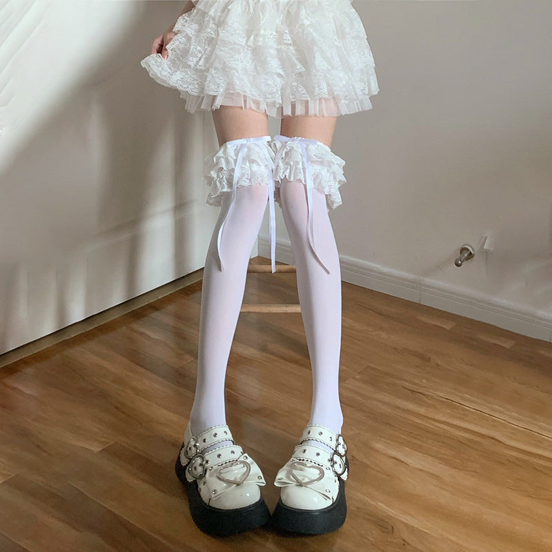 Multi-layer Lace White Knee Socks Bow Stockings