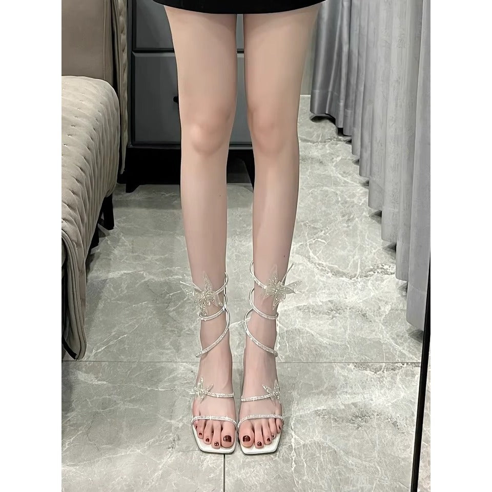 Bow Rhinestone High-heeled Sandals Women's Open Toe Roman High Heels