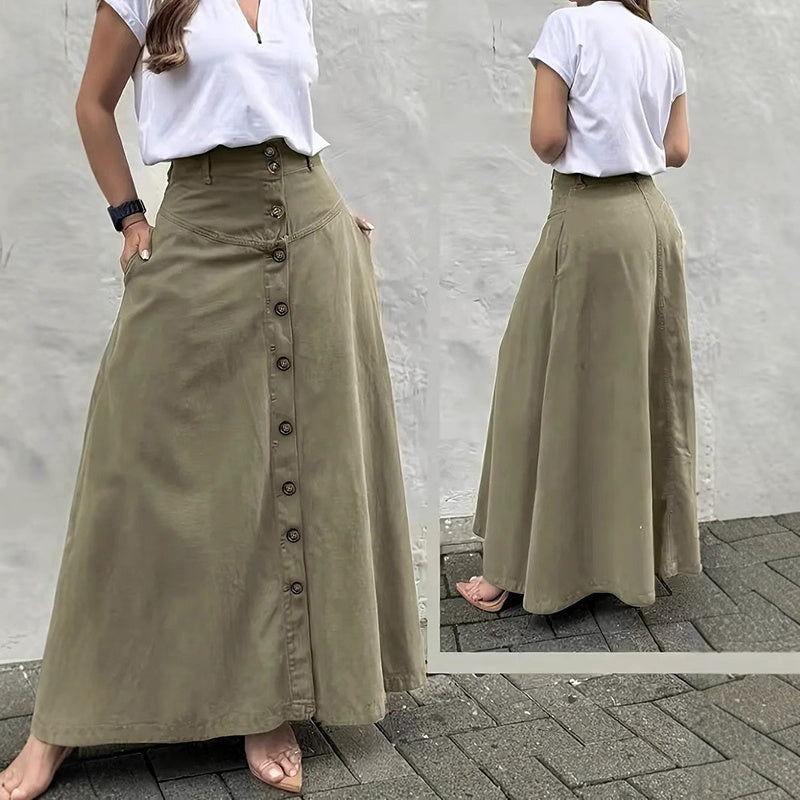 Women's Solid Color High-Waisted A-Line Skirt With Slit And Button Detail Flared Midi Skirt With Pockets For Spring & Fall