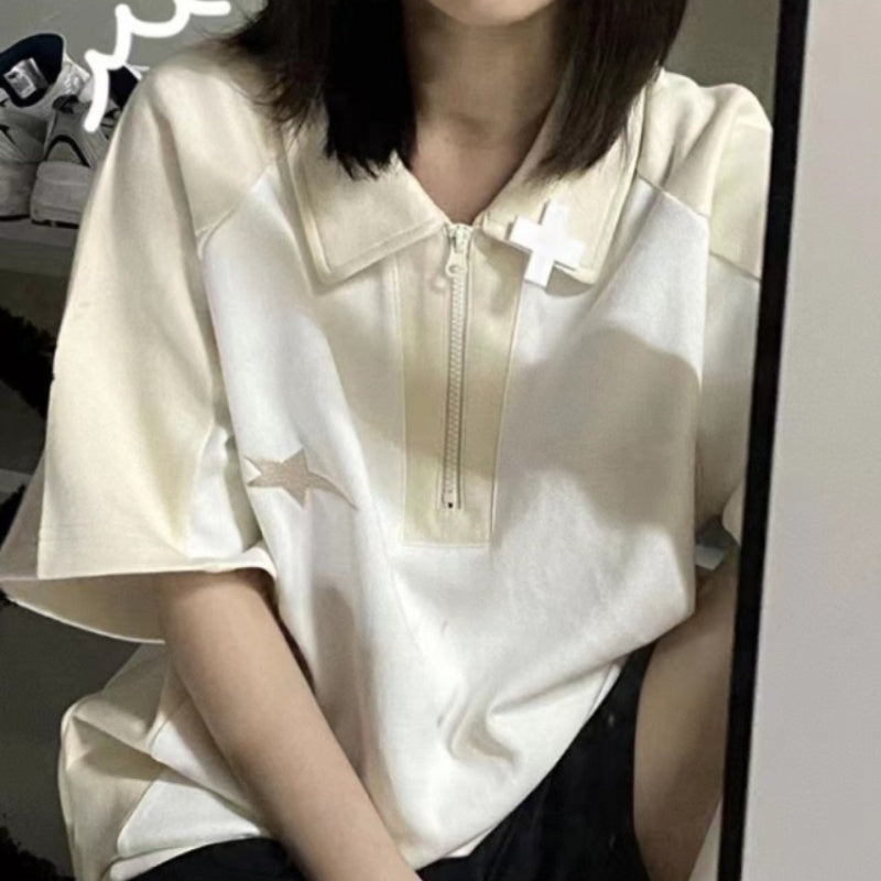 POLO Collar Short Sleeve T-shirt Female Summer Loose Casual Half Sleeves