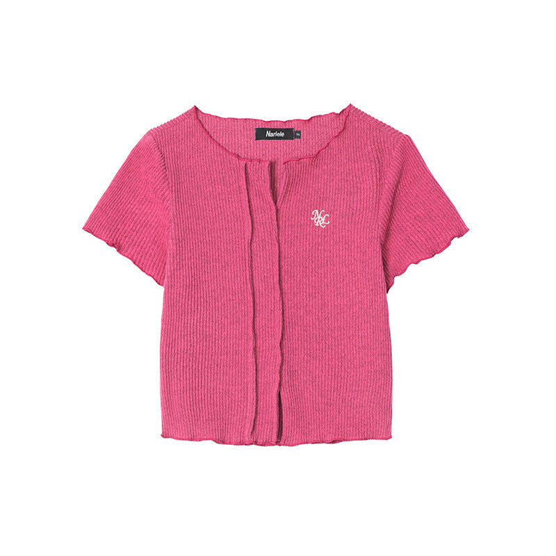 V-neck Hot Girl T-shirt Short Sleeve Solid Color Slim Fit Knit