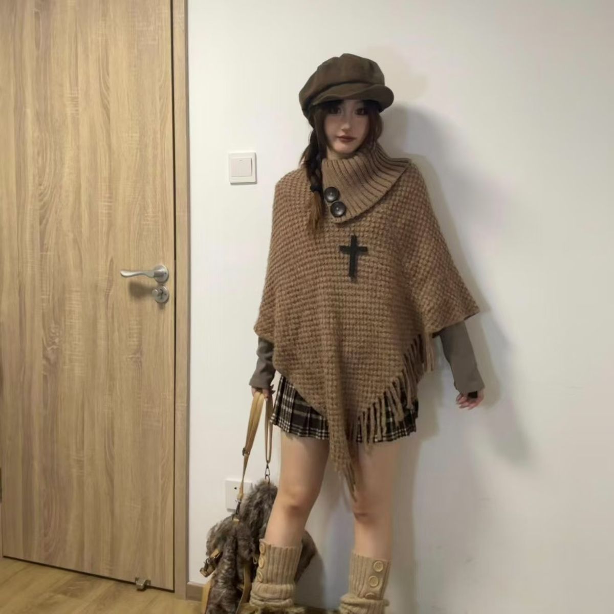 Women's Casual Plush Design Sweater Shawl Cape