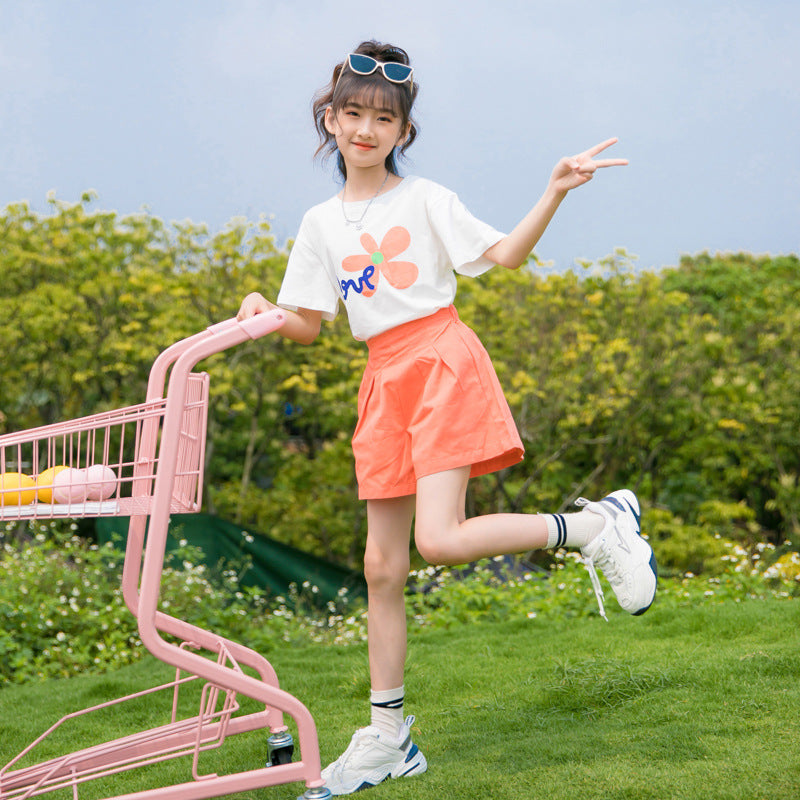 Girls Fashion Simple Short Sleeve Shorts Set