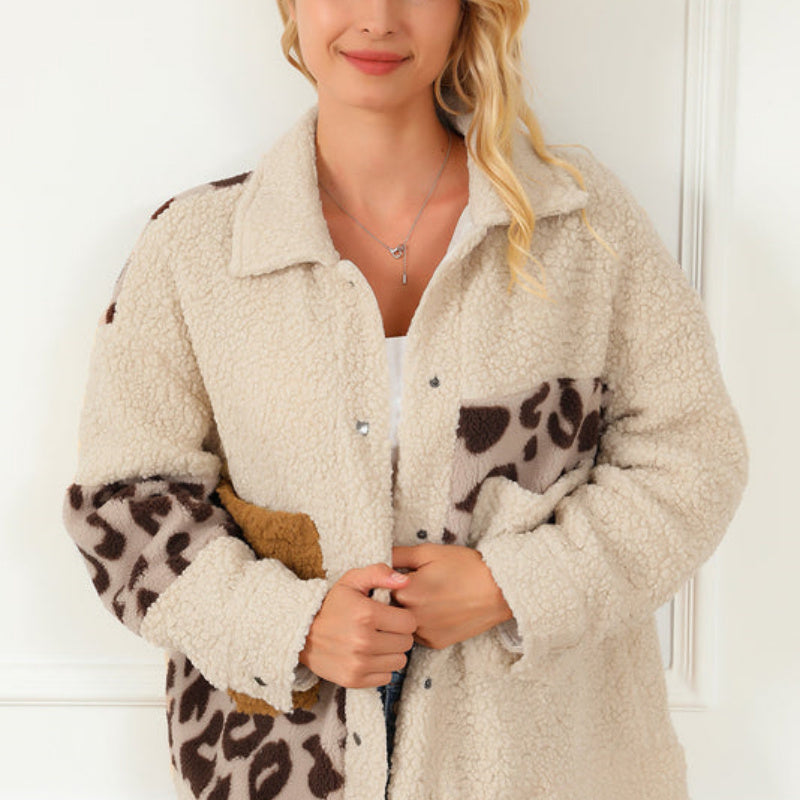 Leopard Print Patchwork Snap Button Jacket