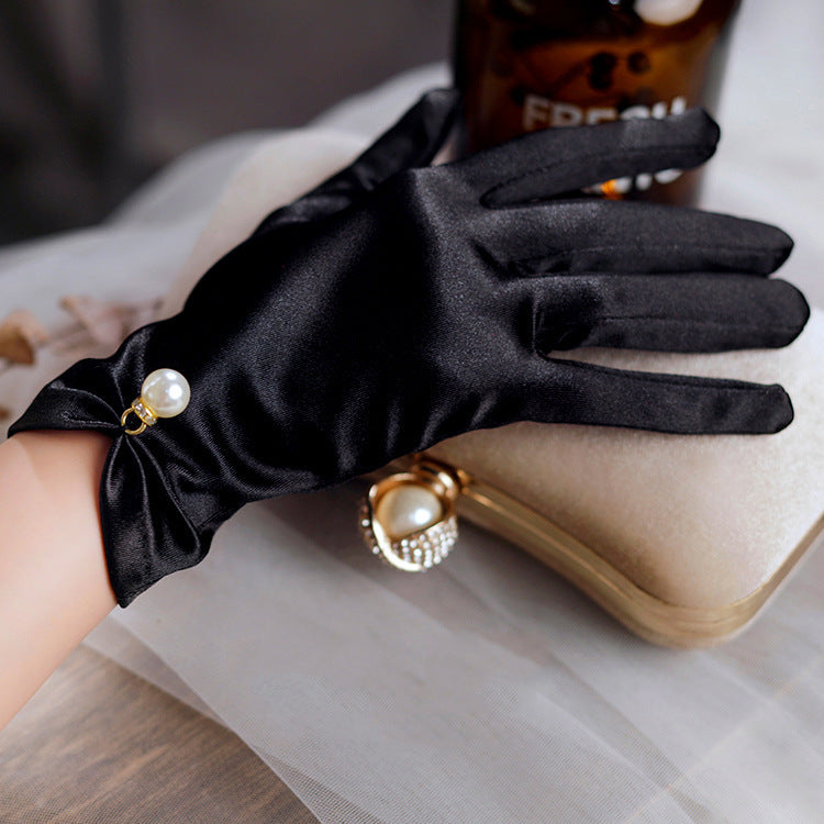 Black Satin Short Pearl Gloves