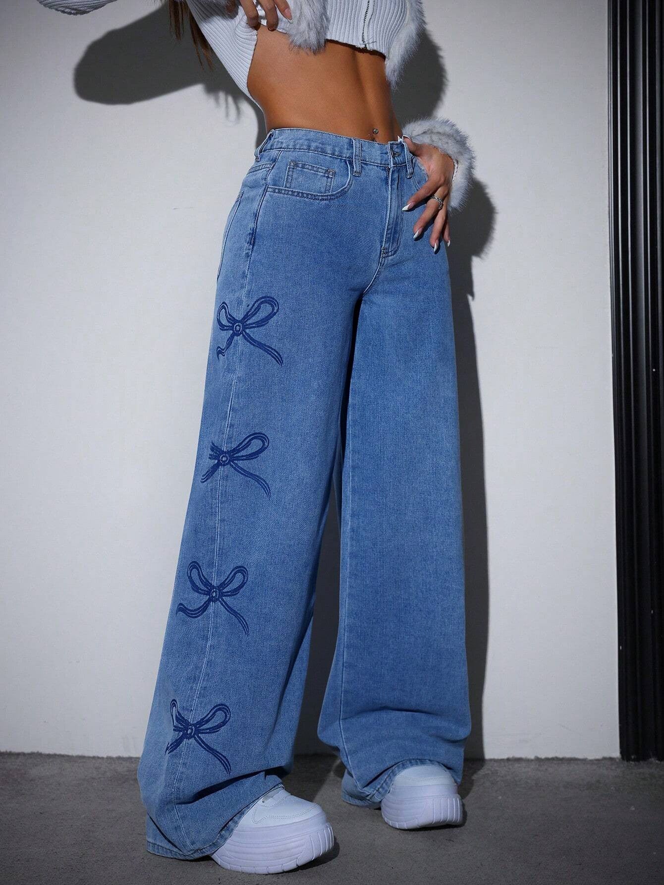 Printed Straight-leg Wide-leg Jeans