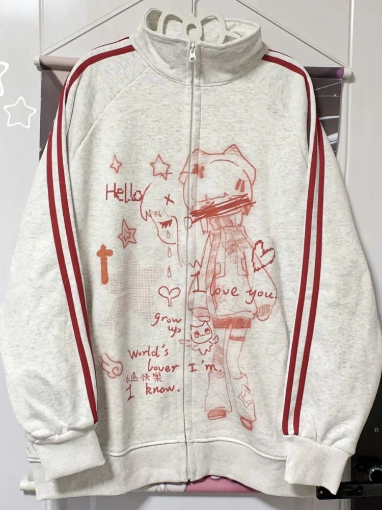 Striped Anime-Print Zip-Up Hoodie With Long Sleeves And A Hood