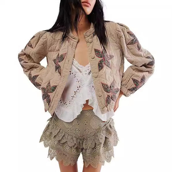 Washed Cotton Maple Leaf Affixed Cloth Embroidered Women's Coat Cotton-padded Jacket